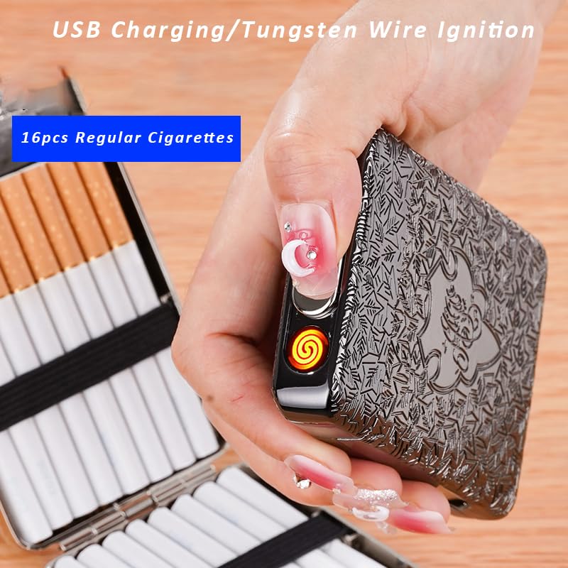 KUGUAN Cigarette Case with USB Lighter 16 Cigarettes Windproof & Rechargeable