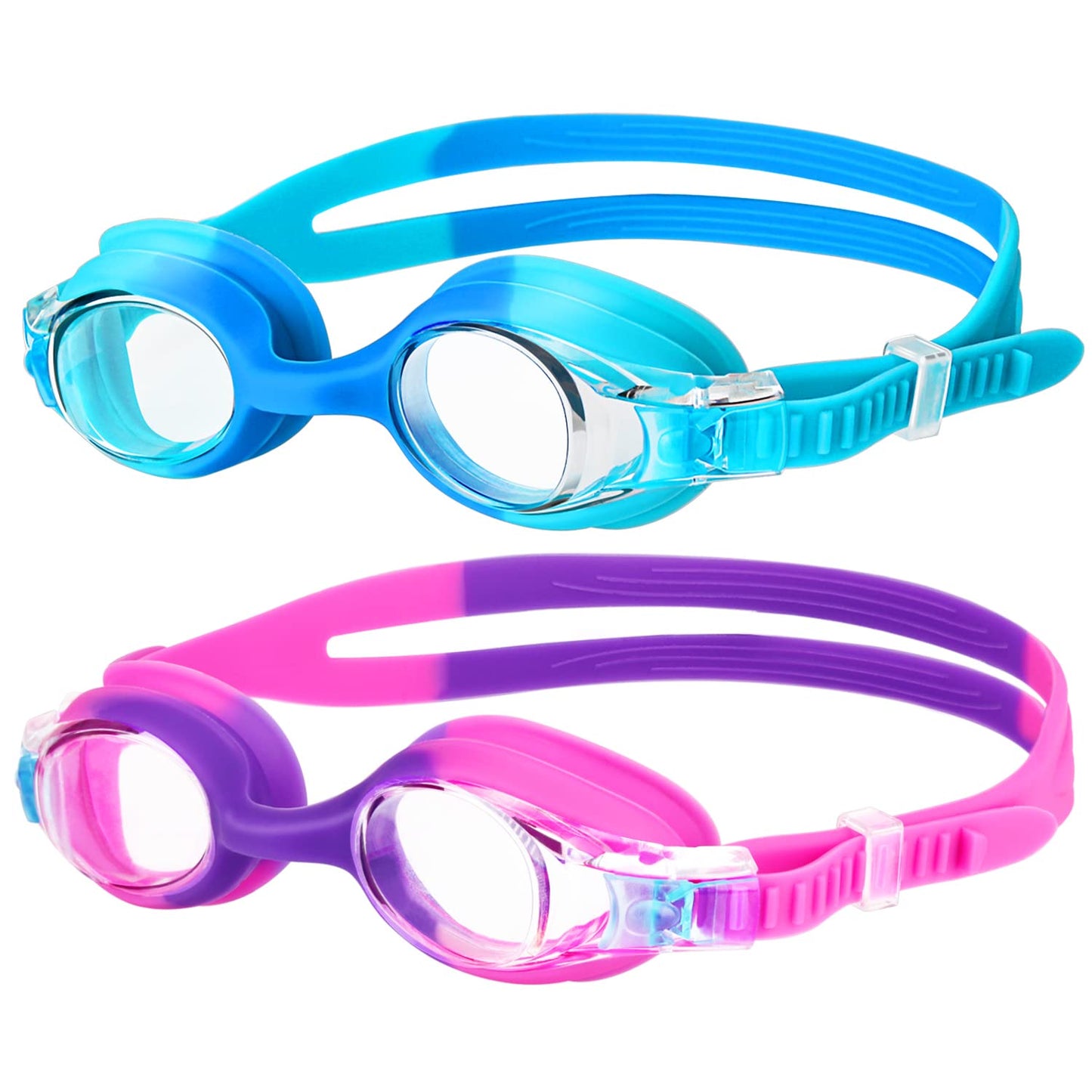 Starweh Kids Swim Goggles 2 Pack, Anti Fog No Leak Swimming Goggles for Boys Girls Ages 6-14, Wide View Soft Silicone Swim Goggles Kids – Blue, Purple & Pink
