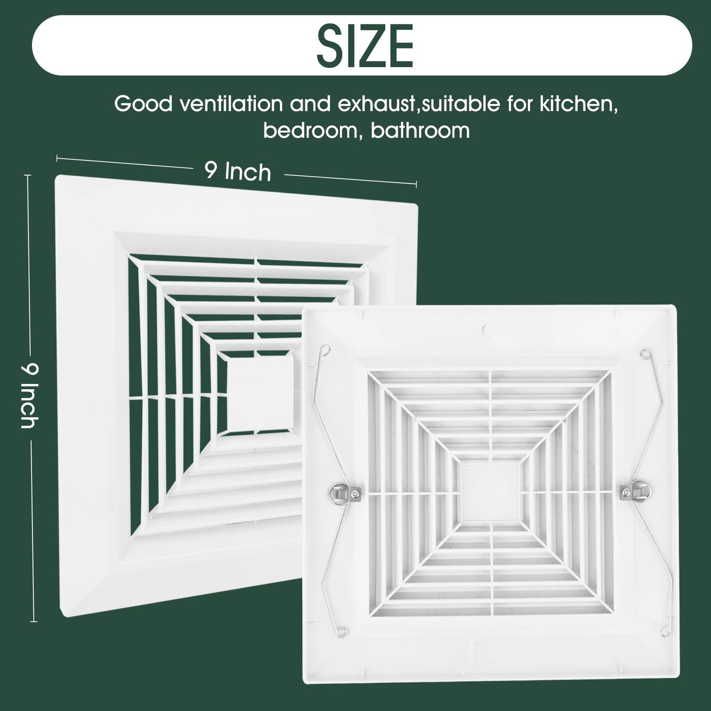 White 1 Piece (9 “x 9 ”Inch) Bathroom Exhaust Fan Cover with Spring, Square Ceiling or Wall Mounted Exhaust Fan, Ceiling Fan, Grille, Air Diffuser, Diverter Ventilation Hood, Replacement Accessories