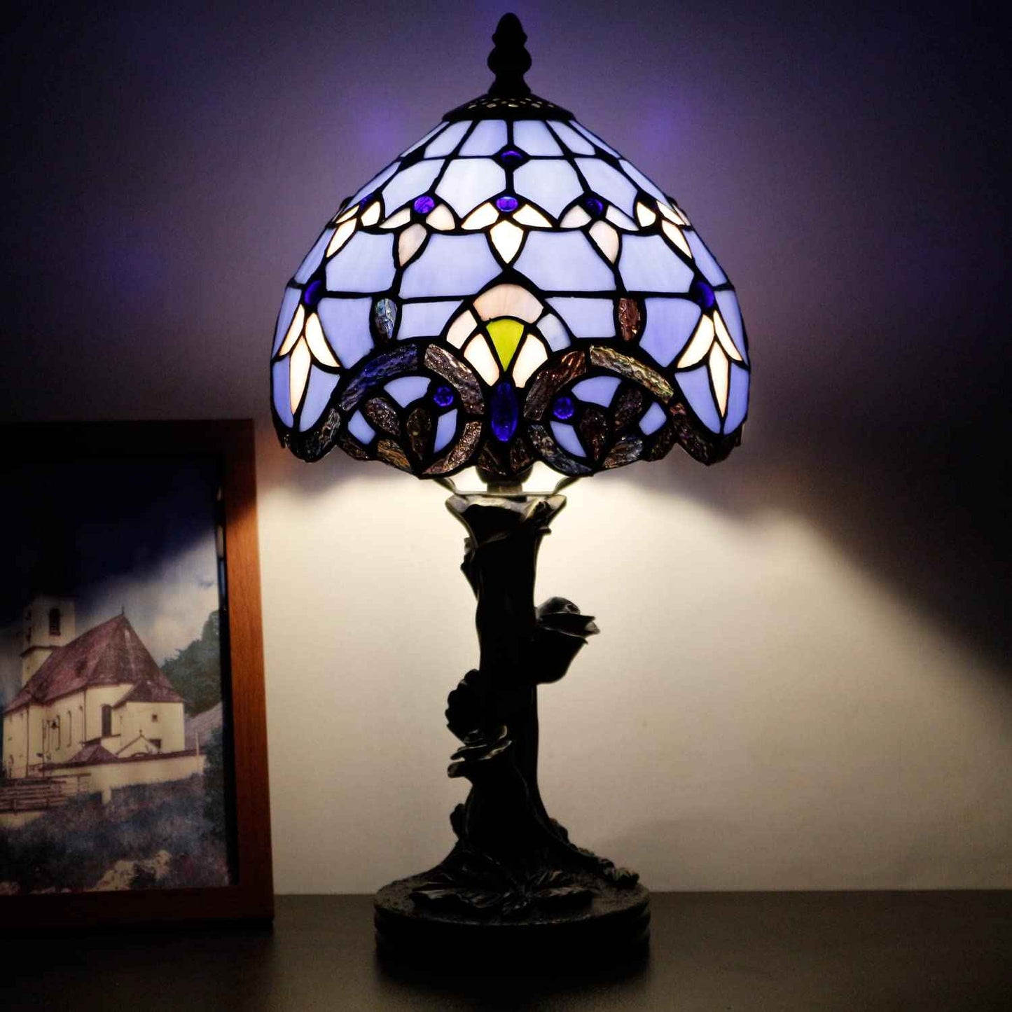 Small Tiffany Lamp Stained Glass Table Lamp Blue Baroque Style Bedside Desk Light Mini Accent Desk Memory Lamp 8X15 Inch
