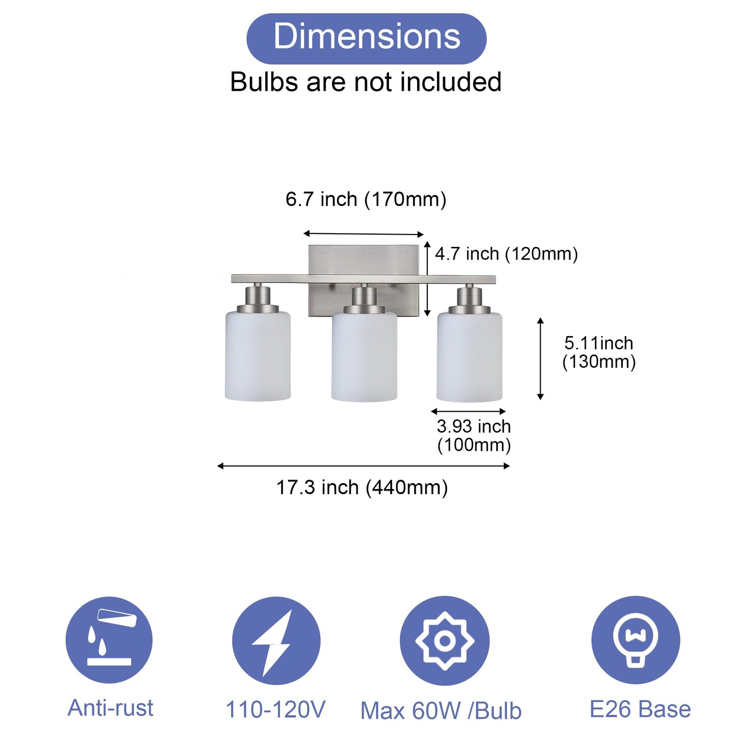 Wanluce 3-Light Bathroom Vanity Light Brushed Nickel Bathroom Lighting Fixtures Over Mirror with Opal White Glass Shade, Polished Nickel Finish Vanity Wall Sconces Fixtures for Bedroom Living Room