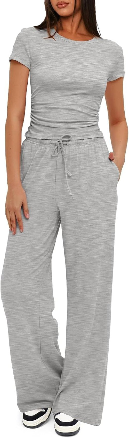 Darong Women's Summer Lounge Set - Side Ruched Crop Top & Wide Leg Pants | Comfortable & Stylish