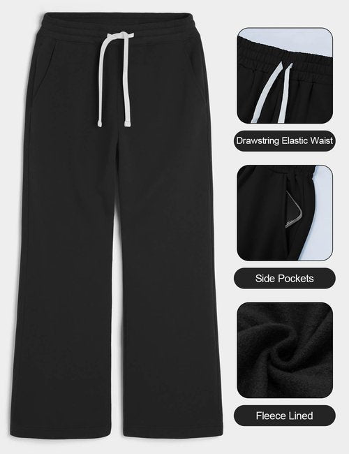 HeSaYep Men's Baggy Sweatpants Wide Leg Fleece Lined Lounge Sweat Pants Winter Thermal Cotton Athletic Pants Open Bottom Straight Leg Workout Pants with Pockets Black L