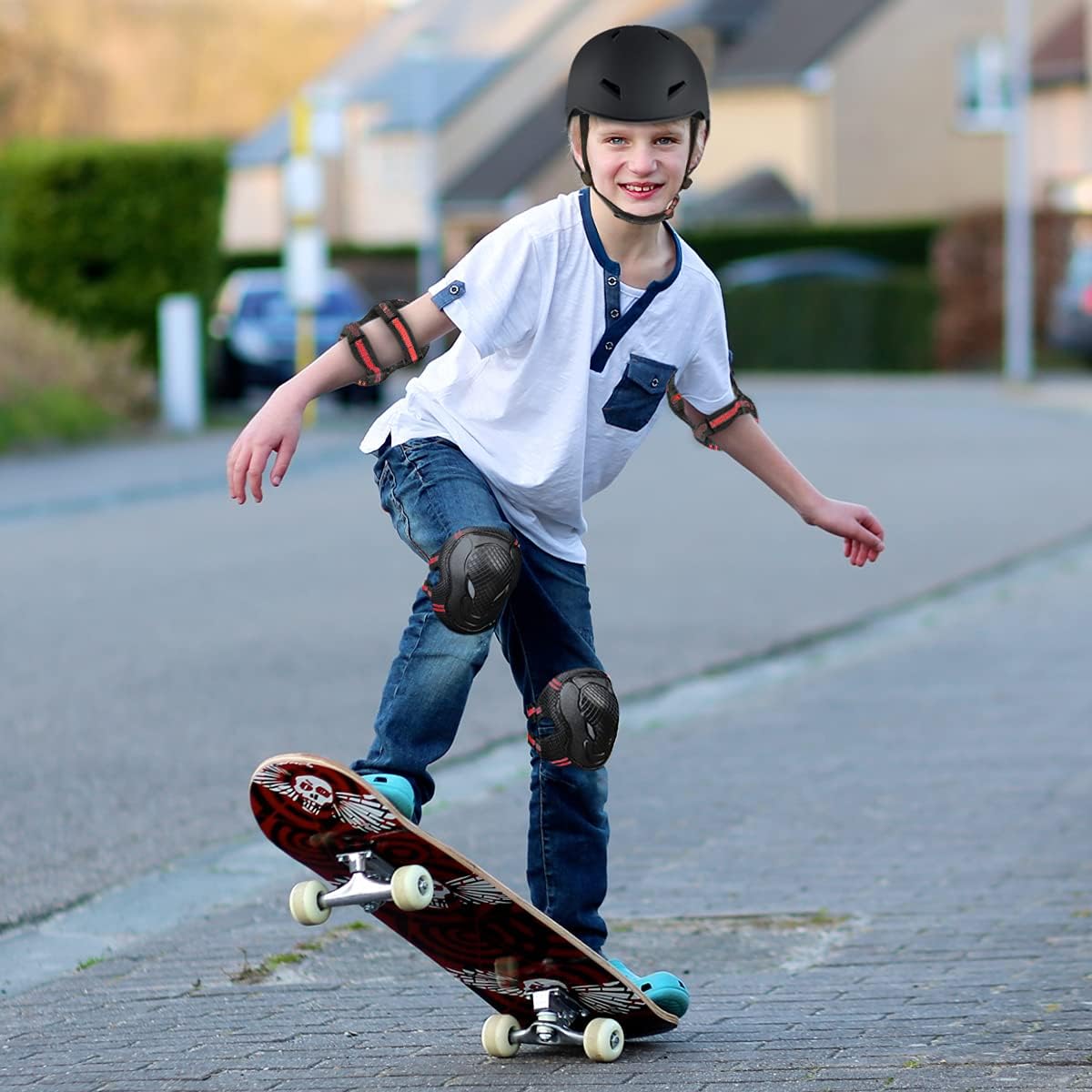 Skiennix Skateboard Helmet Set - Adjustable Protective Gear with Knee, Elbow Pads & Wrist Guards for Teens
