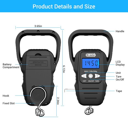 Dr.meter Fish Scale - Upgraded Digital Scale with Backlit LCD & Measuring Tape | 110lb/50kg Capacity, Large Handle