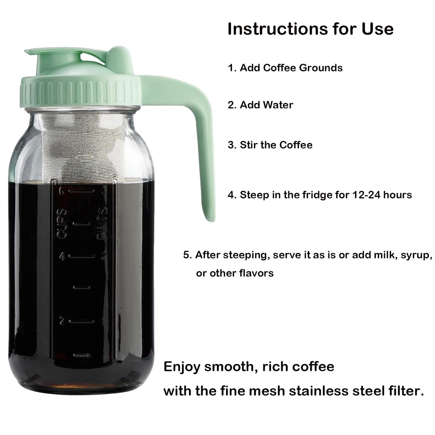 Fermus Cold Brew Coffee Filter for 64oz / 2Quart Wide Mouth Mason Jar Infuser 304 Stainless Steel Strainer with Seal Ring Design for Grounds Tea Fruit Coffee Filter