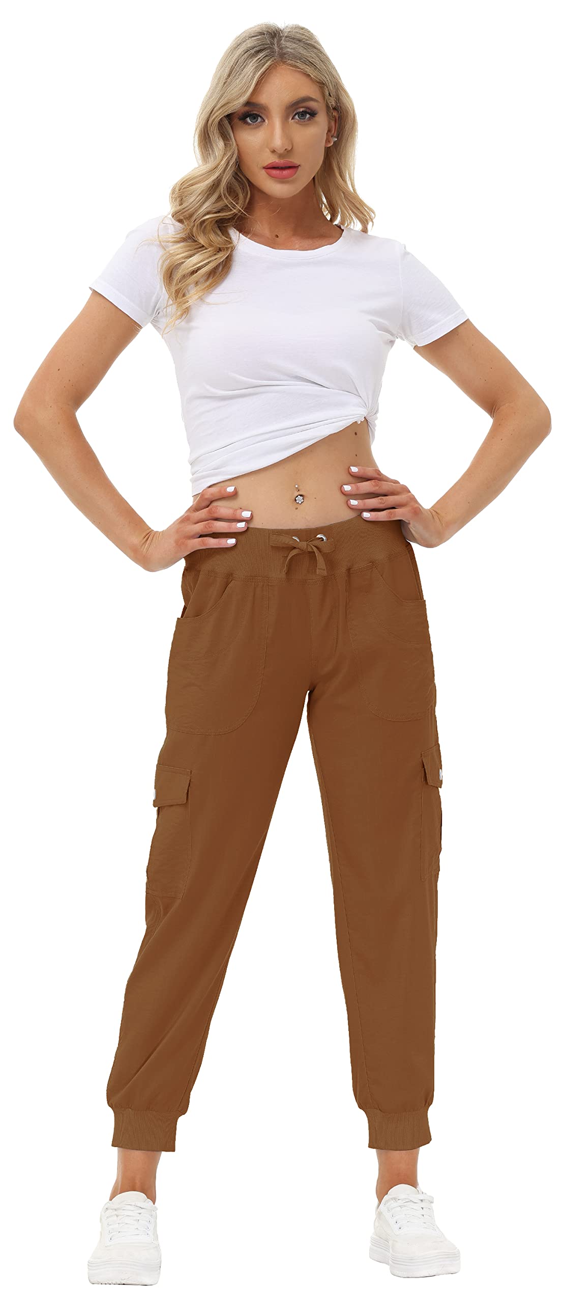 MoFiz Womens Lightweight Quick Dry Cargo Pants Outdoor Summer Travel Casual Sports Hiking Jogger Sweatpants Button Pockets Earthy Yellow M