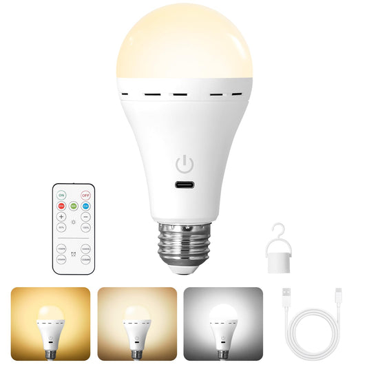 Bailoch Wireless Rechargeable Light Bulbs with Remote, 1Pack LED Cordless Battery Operated Light Bulbs for Lamps, E26 Battery Powered Magic Light Bulb with 300LM, 3 Color, Dimmable for Non-Hardwired