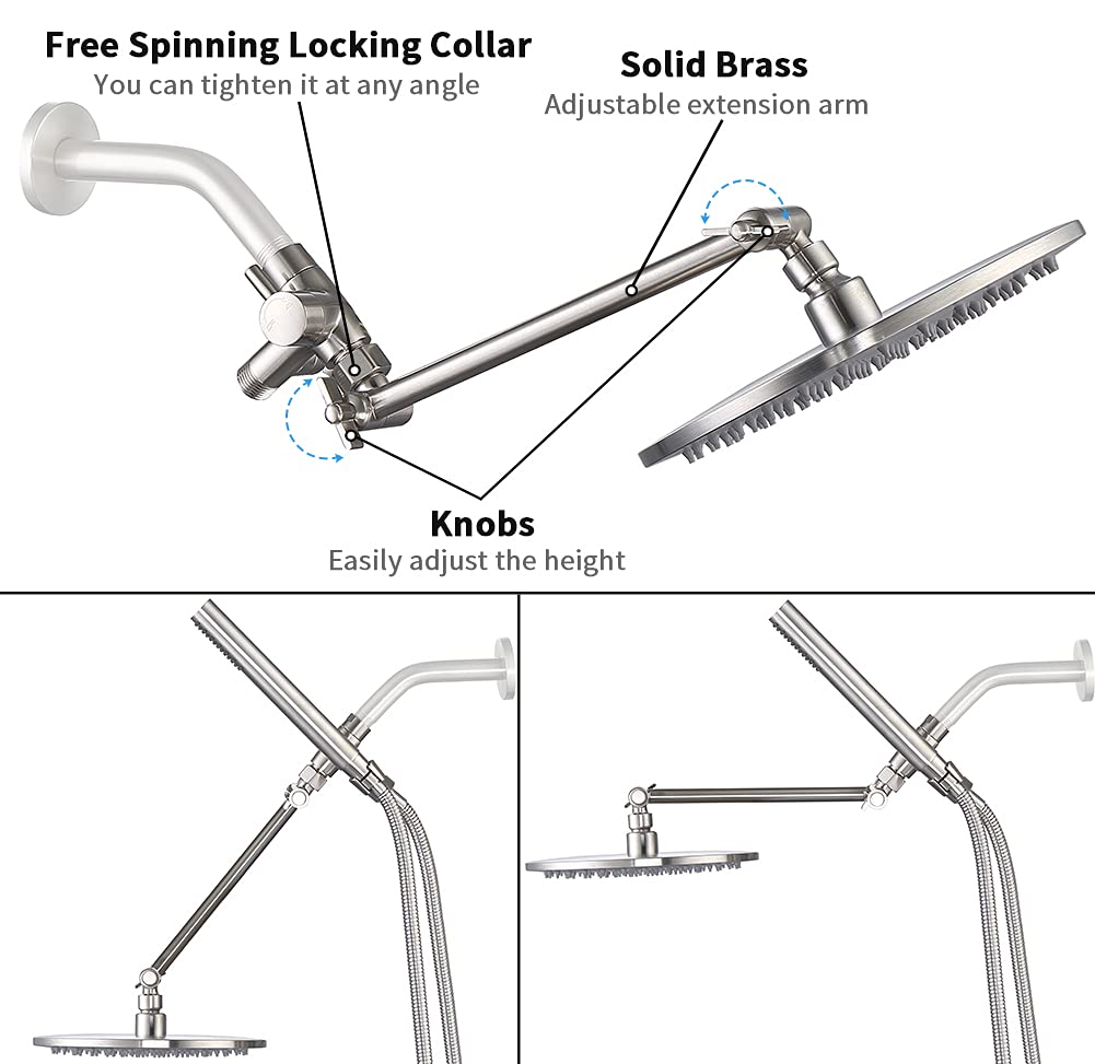 G-Promise All Metal Dual Shower Head Combo, 8 Inch Rainfall Shower Head, Handheld Spray Wand, Smooth 3-Way Diverter, with Adjustable Extension Arm, 71 Inches Long Hose (Brushed Nickel)