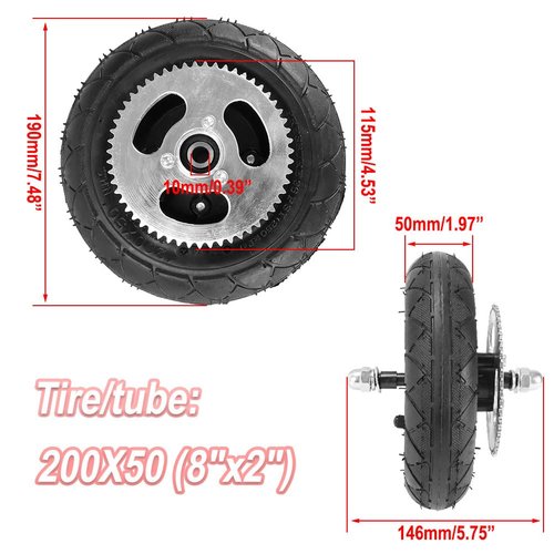 Cylemoto 200X50 Premium Rear Wheel 8"x2" Tire Assembly Chain Sprocket for Chain Drive Razor E200 (Versions 36+) Crazy Cart DLX Dune Buggy ePunk PowerRider eSpark Electric Scooter Drifting Cart