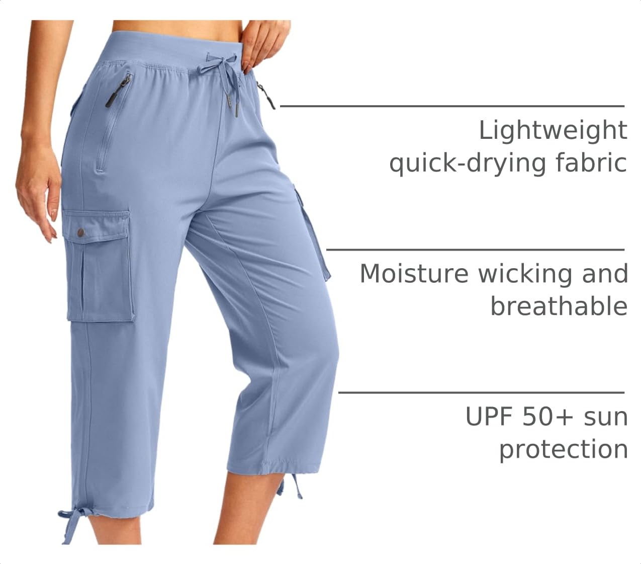 Soothfeel Women's Cargo Capris Pants with 6 Pockets Lightweight Quick Dry Travel Hiking Summer Pants for Women Casual (Stone Blue, M)