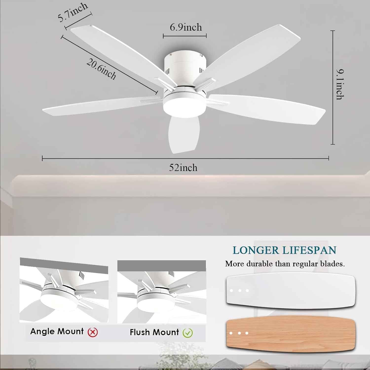52" Low Profile Ceiling Fan with Lights & Remote Control - Dimmable, Noiseless, Reversible - White Indoor/Outdoor Fan for Bedroom