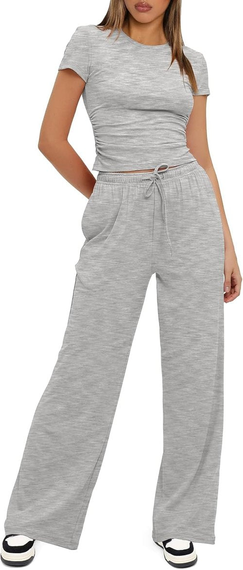 Darong Women's Summer Lounge Set - Side Ruched Crop Top & Wide Leg Pants | Comfortable & Stylish