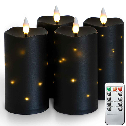 Lezonic Black Flameless Waterproof Outdoor Candles with Remote, 4Pcs Battery Operated Candles LED Flickering Dancing Flame, Built-in String Lights for Halloween Patio Room Decor, 3.25" x 6"
