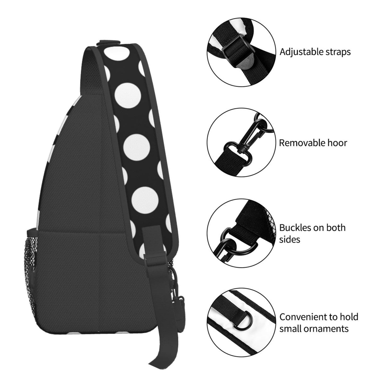 QISENTIS Polka Dot Sling Bag for Women Men White Dots on Black Background Modern Pattern Travel Crossbody Bags Abstract Dots Pattern Casual Sling Backpack Chest Shoulder Bag Gym Sports Hiking Daypack