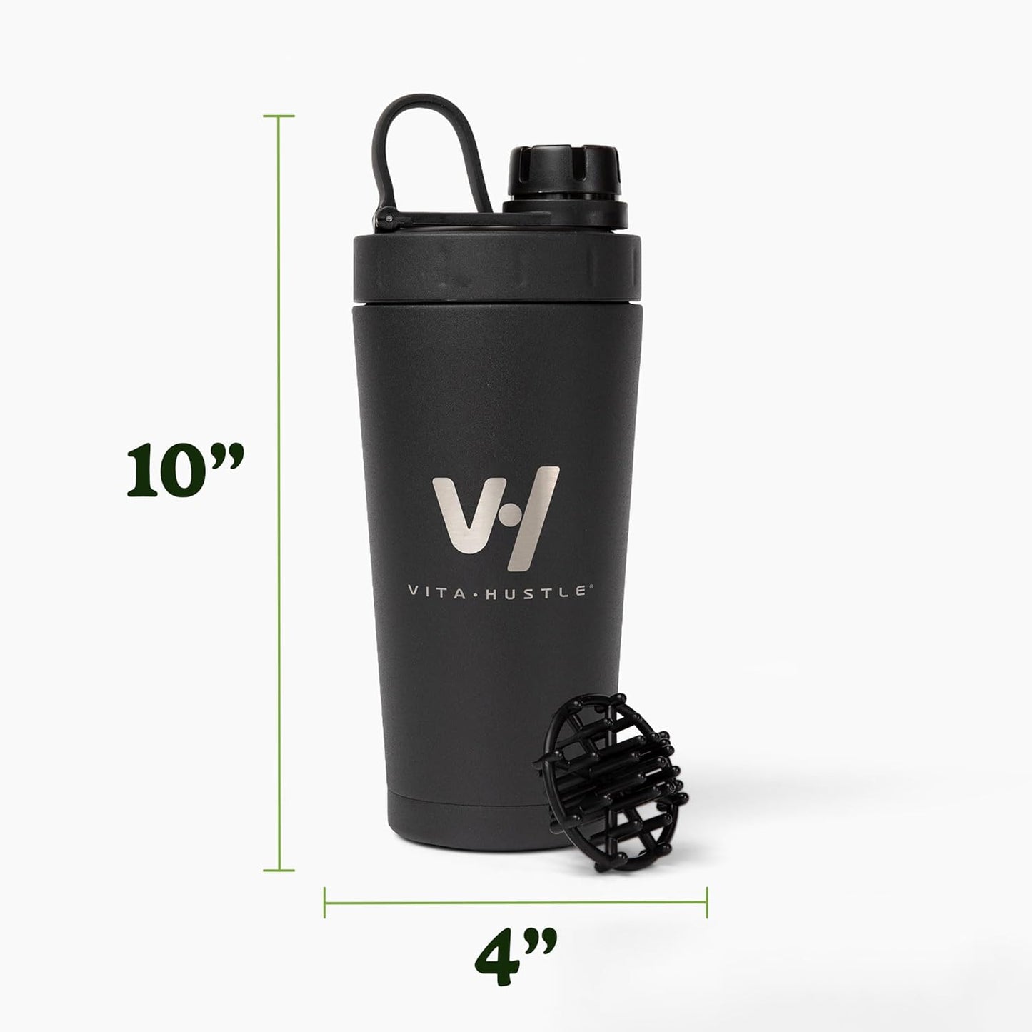 VitaHustle Stainless Steel Shaker Cup with Twist Cap, Leakproof, Blender Ball, Perfect for Protein Shakes or Post Workout, Fits Car Cup Holder, BPA Free, 20 oz (Black)