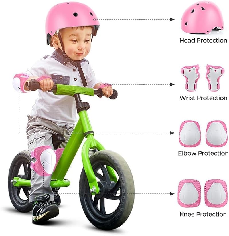 Kids Bike Helmet Set with Knee Pads & Wrist Guards - Pink