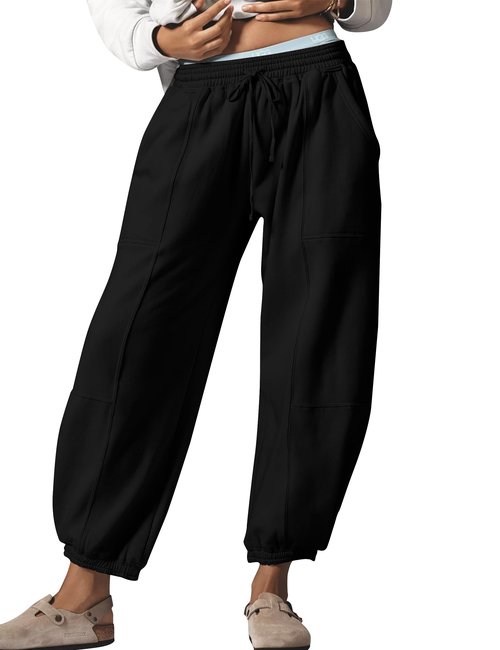 Anoumcy Barrel Sweatpants Women Casual Drawstring Joggers 2026 Fall Winter Comfy Cotton Barrel Pants Trousers with Pockets Black M
