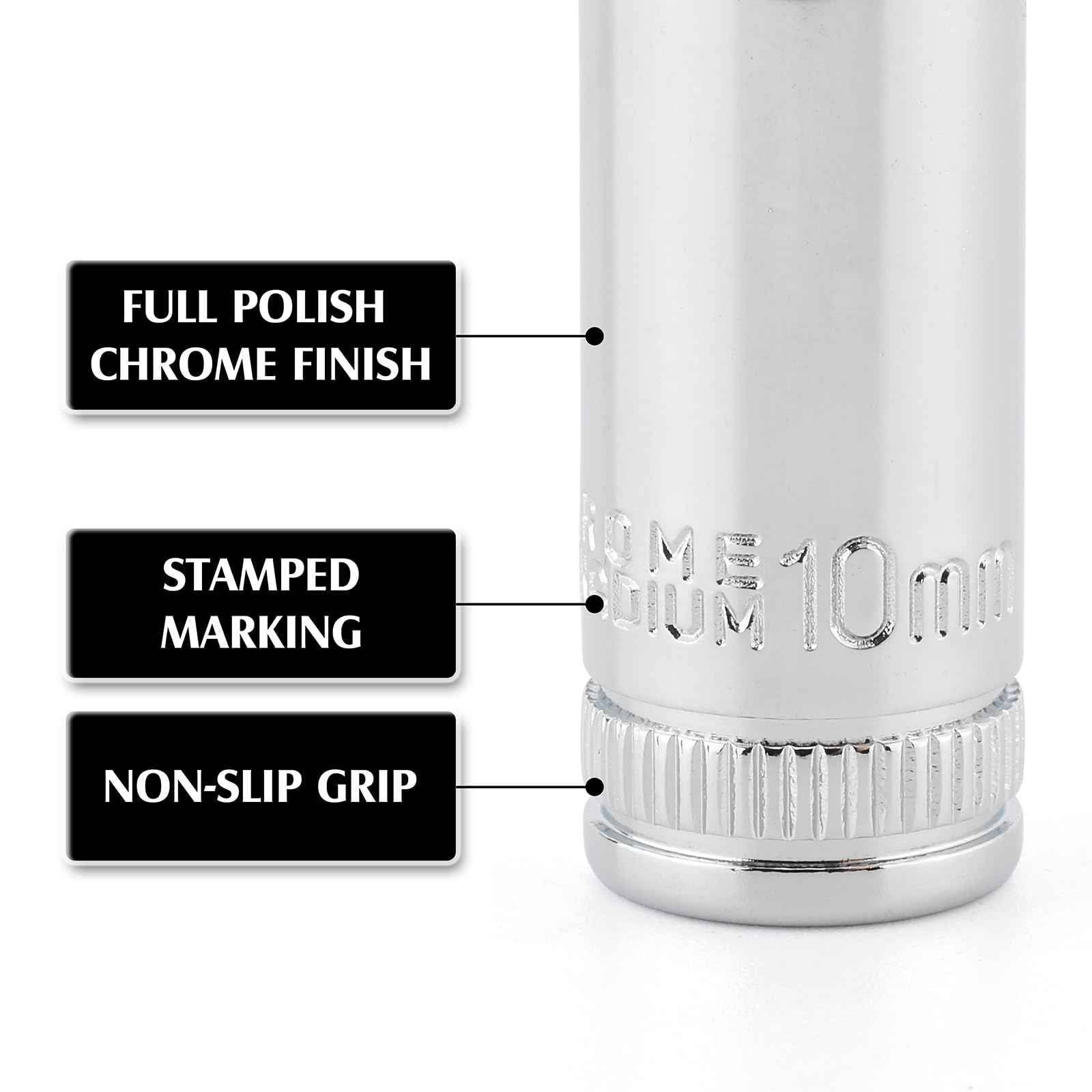 MIXPOWER 1/4" Drive Mid-Length Socket Set with Storage Rails, 13-Piece, 6 Point, 4-15mm, CR-V, Metric, Semi-Deep Socket Set