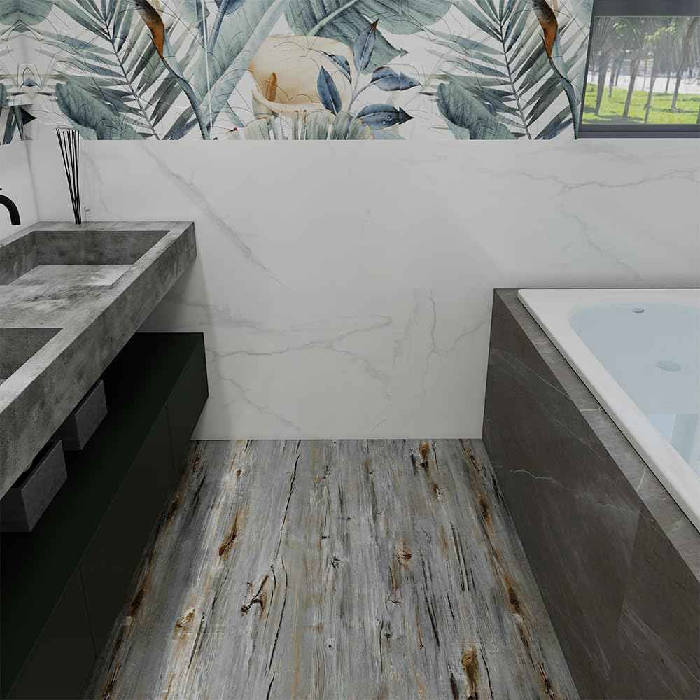 auxua Wood Grain Peel and Stick Floor Tiles – 11.8” Width, Full Roll Length of 118" – Versatile Design for Any Space, Sunwashed Blue Self Adhesive Vinyl Flooring, Waterproof and Non-Slip Features