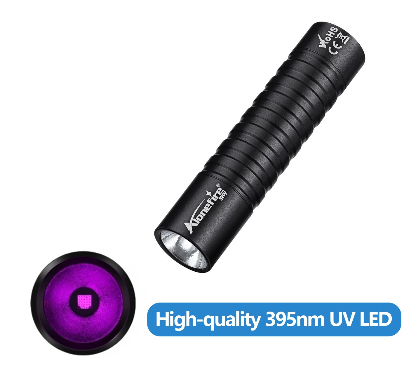 ALONEFIRE SV99 395nm UV Flashlight Small 3W Mini Black Light USB C Rechargeable Money Detector for Pet Urine Detector, Scorpion, Resin Curing, Bed Bug, Fishing, Minerals with Built-in Battery