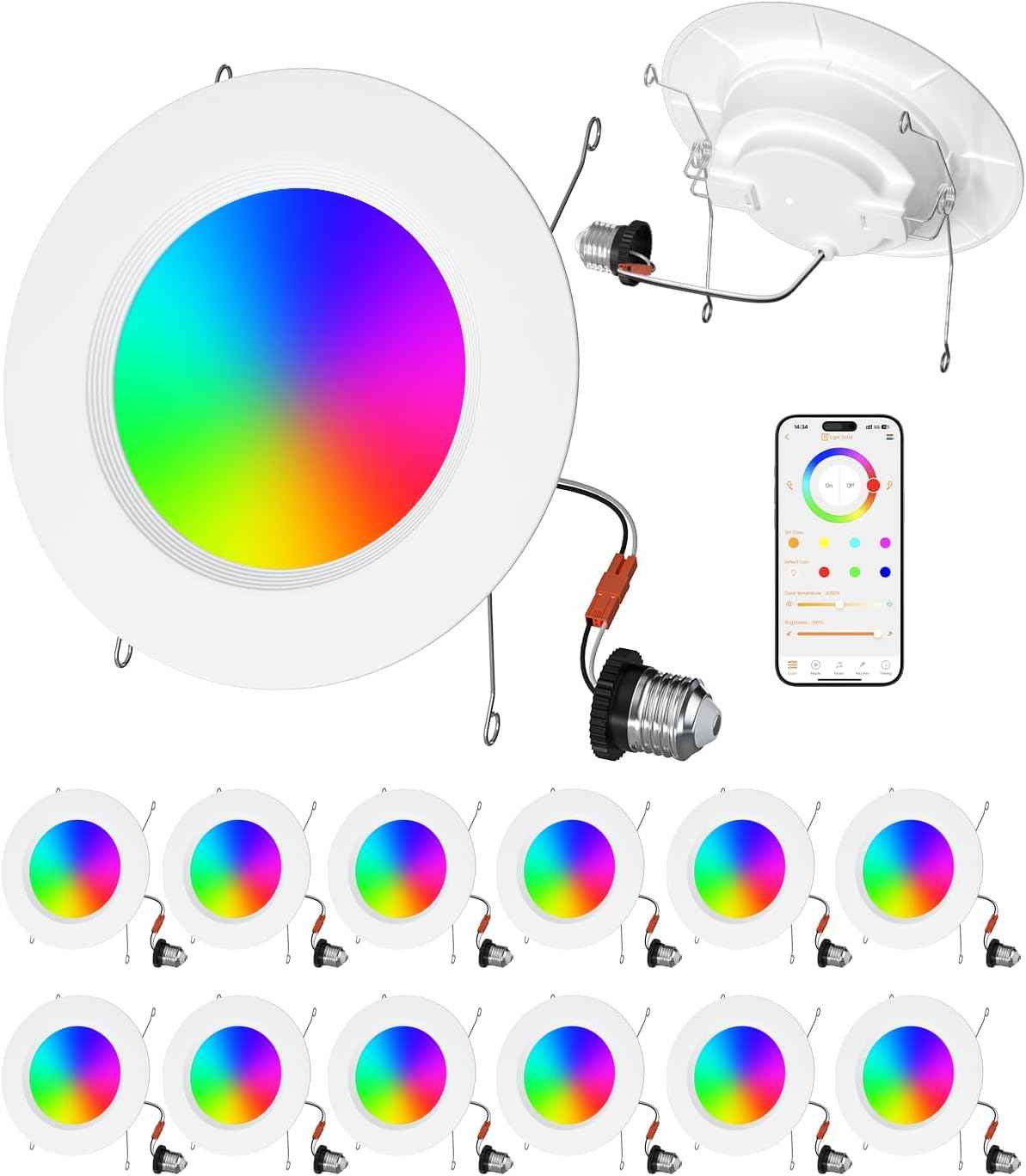 Smart RGB LED Recessed Lighting 6 Inch - Bluetooth Can Lights, 13W Color Changing, Alexa Compatible, 6-Pack for Bedroom, Living Room, Kitchen