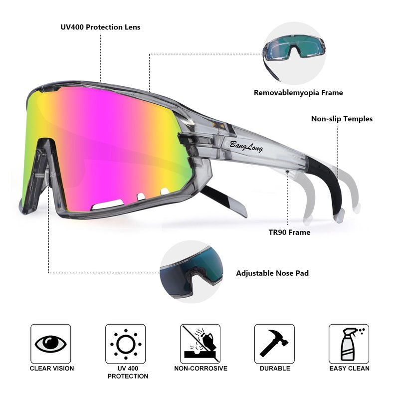 BangLong Running Sunglasses for Men Women - UV400 Protection Sports Sunglasses for Running Cycling Baseball Fishing(Grey Pink)