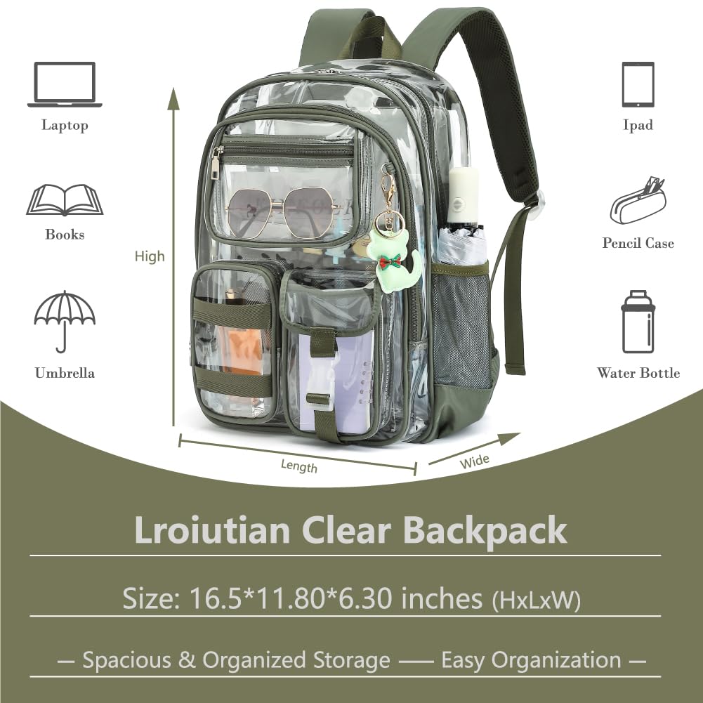Lroiutian Clear Backpack for School Girls Boys Heavy Duty Transparent Backpack with Multiple Pockets, Lightweight PVC See Through Bookbag for Students-Army Green