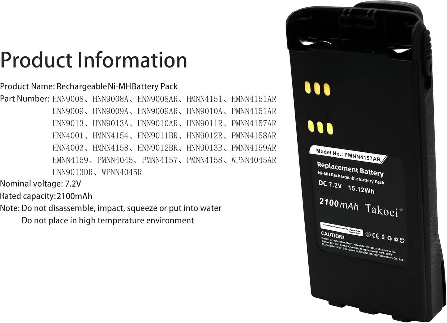 TAKOCI Replacement 2600mAh Battery for Mo'to'rola HT750 HT1250 HT1225 GP320 GP328 GP338 GP328 PR860, fits Part No HNN9008A HNN9008 HNN9009 HNN9009A HNN9013A, 7.4V
