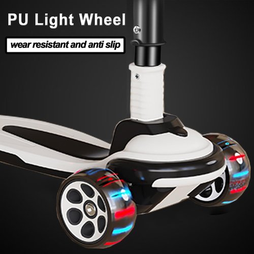 CLrkualn Kick Scooter for Kids Ages 3-12, 5 Adjustable Height Foldable Scooter with 3 LED Light Wheels, Outdoor Activities for Toddlers Boys Girls, Max Load up to 165 lbs (Black and White)