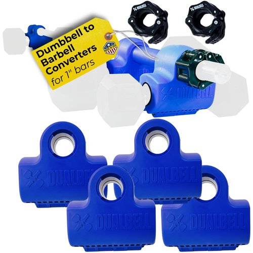Blue DUALBELL Superset for 1” bar and black weight collars- Home gym dumbbell to barbell adapters - Connect Dumbbells to 1” standard diameter bar to replace weight plates- holds up to 100lb dumbbell