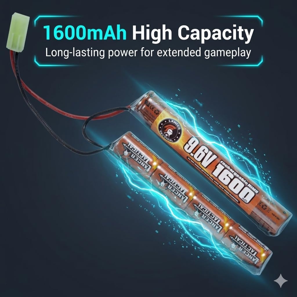 Lancer Tactical Airsoft Battery Charger & 9.6V NiMH 1600mAh Rechargeable Pack | Ideal for AEGs