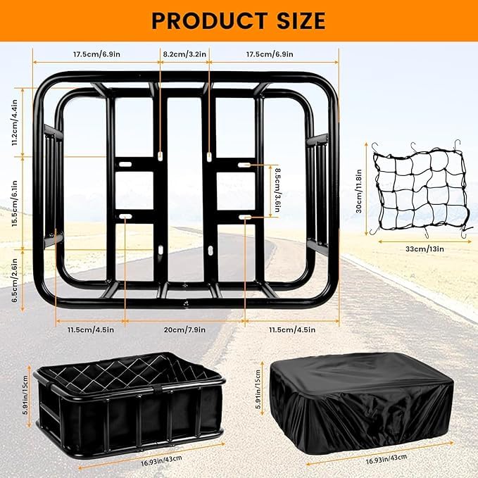 Large Rear Bike Basket with Waterproof Cover & Cargo Net