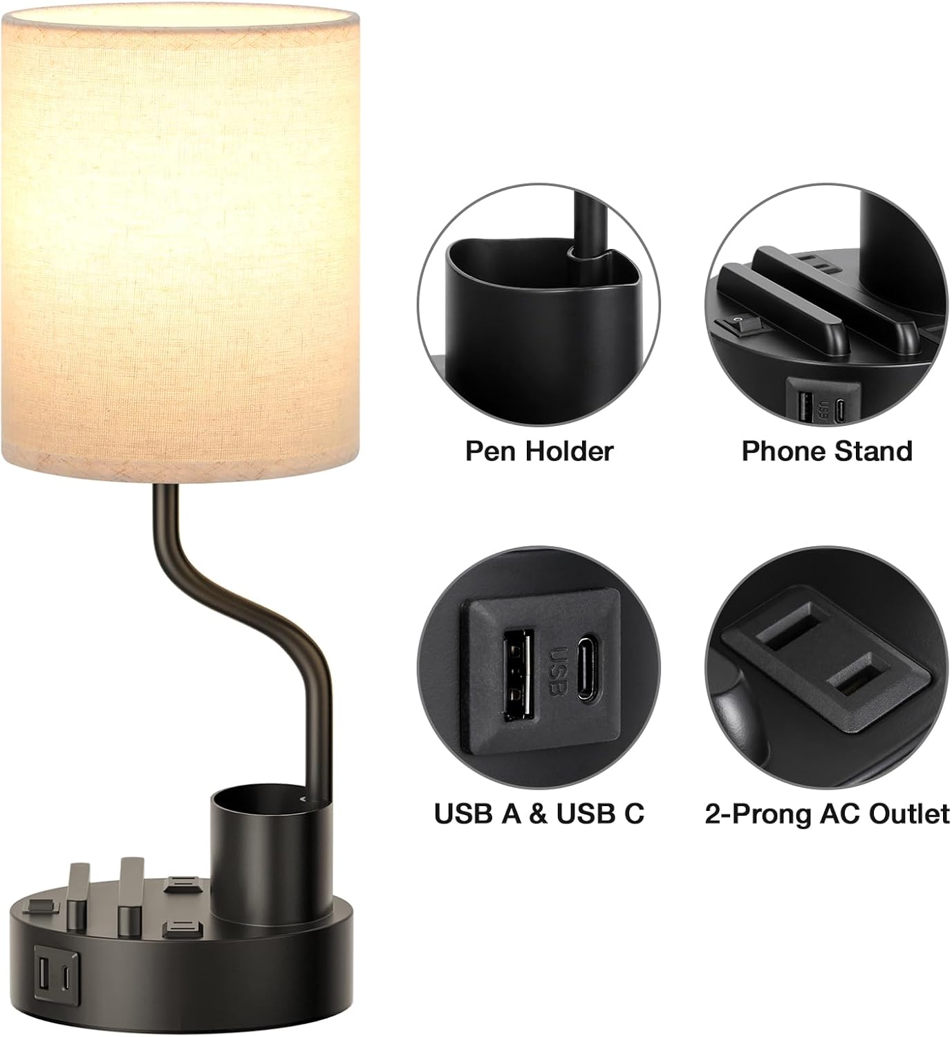 Set of 2 Bedside Table Lamps with USB & AC Outlet - 3 Color Temperatures, Desk Light & Phone Stand for Bedroom, Living Room, Office
