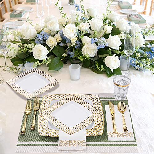 FOCUSLINE Gold Diamond Rim Square Disposable Dinnerware Set for 25 Guests, 175 Pieces