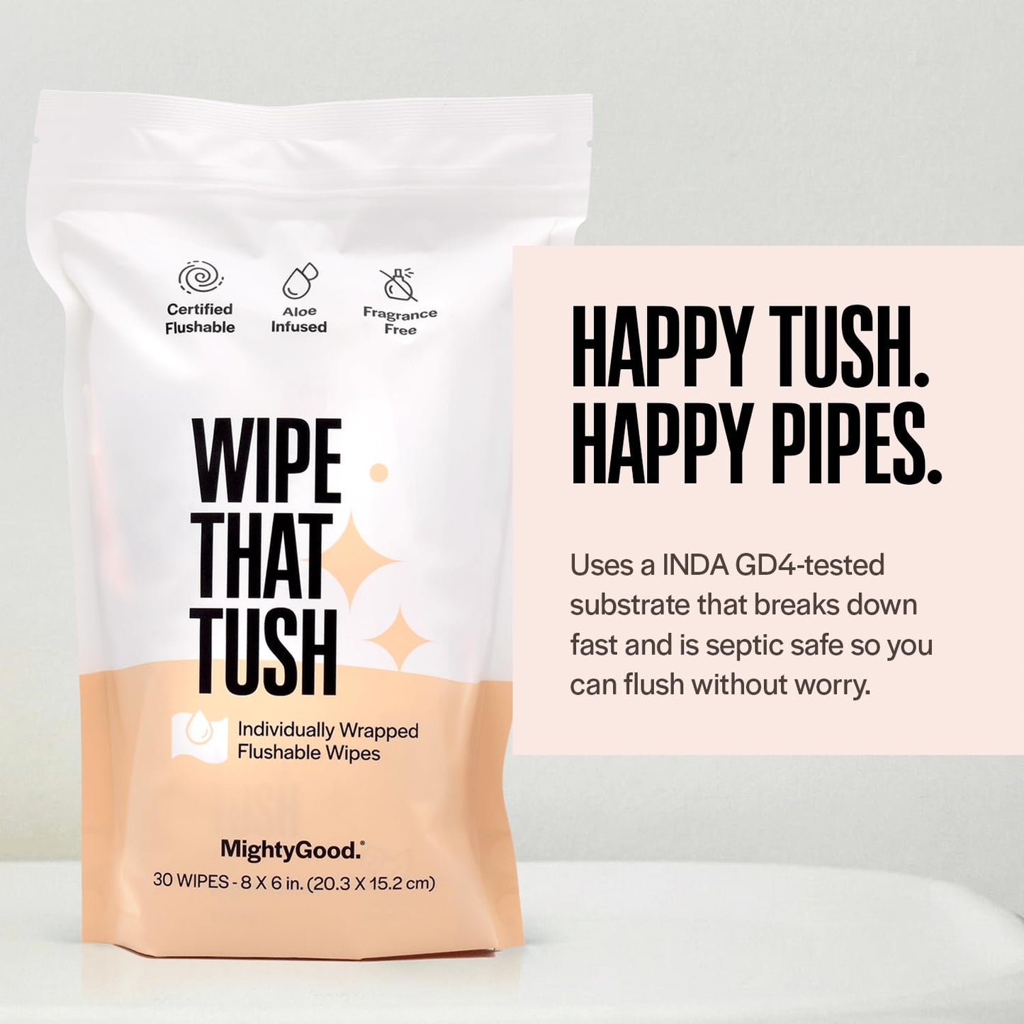 Wipe That Tush Flushable Wipes - Extra Large & Soft, Fragrance-Free, Hypoallergenic - 30 Individually Wrapped Wipes