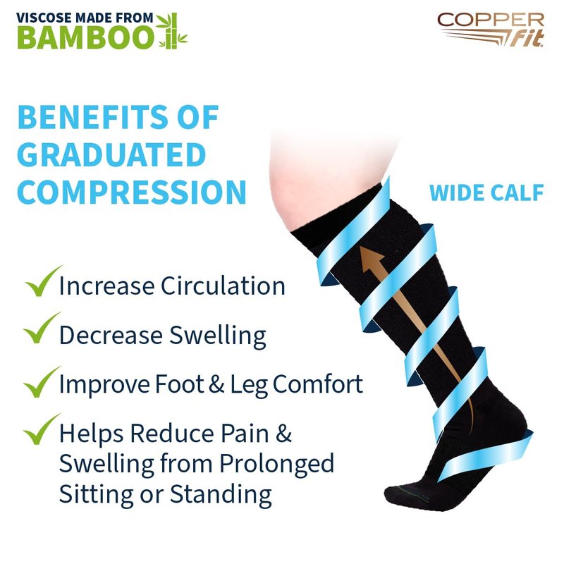 Copper Fit Viscose Bamboo Extra Soft & Comfortable Wide Calf Socks For Men &Women Easy On, Easy Off, Circulation &Swelling Relief For Travel, Nurses, Running, & Recovery (3 Pair L/XL)