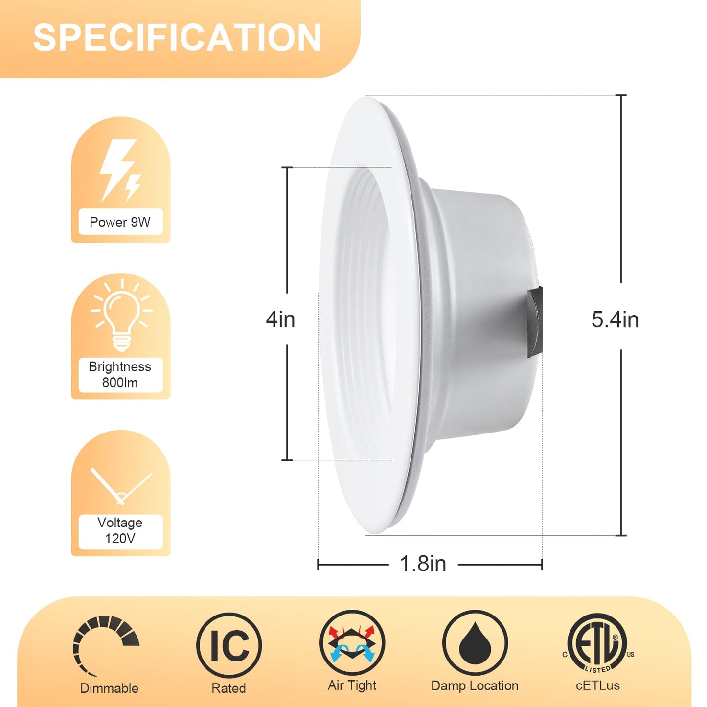 ZYC 4 Inch Recessed LED Retrofit - 12 Pack Dimmable Retrofit Downlights can Light, 2700K/3000K/4000K/5000K/6000K Selectable, Damp Rated Can Lights, Baffle Trim, 9W 800Lm(Black, 4 inch)