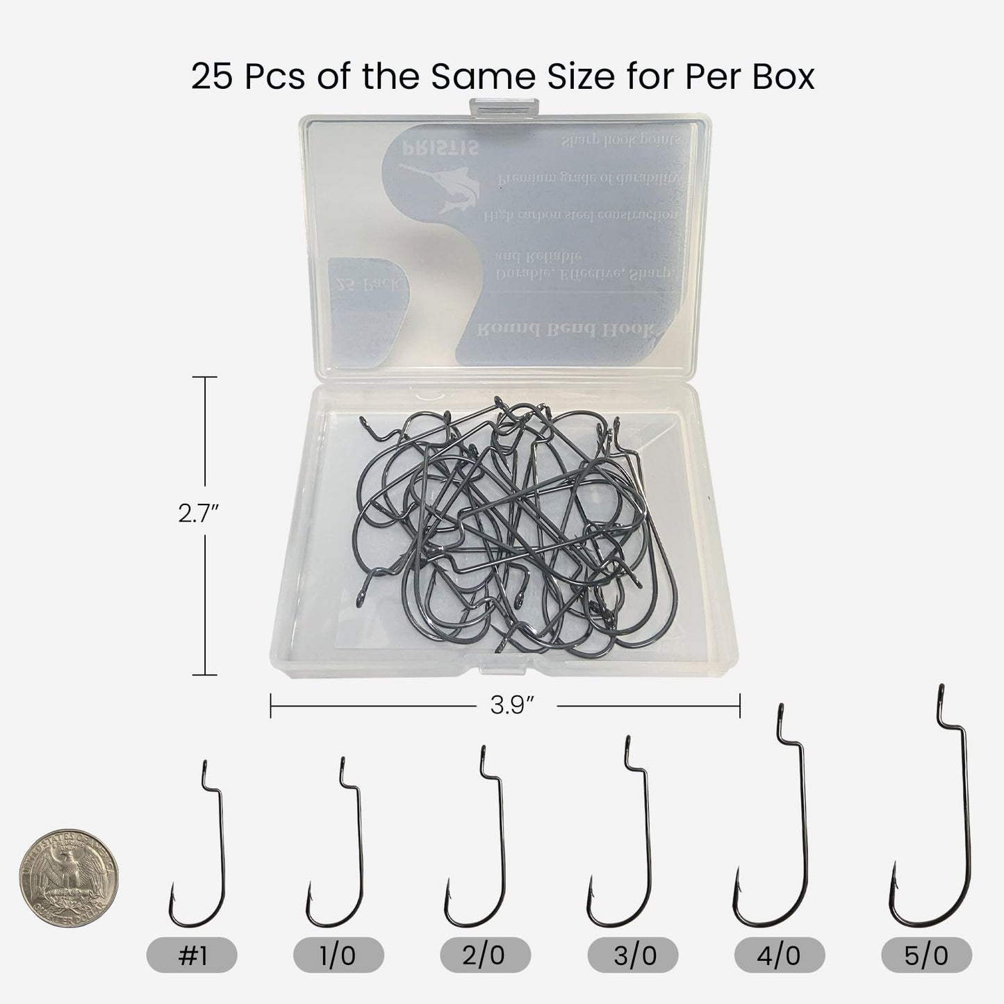 Pristis 25 Pack 5/0 Round Bend Worm Hooks, Strong High Carbon Steel Weedless Inline Fishing Hook Set Kit for Saltwater Freshwater Drop Shot Rig, Reinforced Barbs for Bass Pike Crappie Walleye Trout