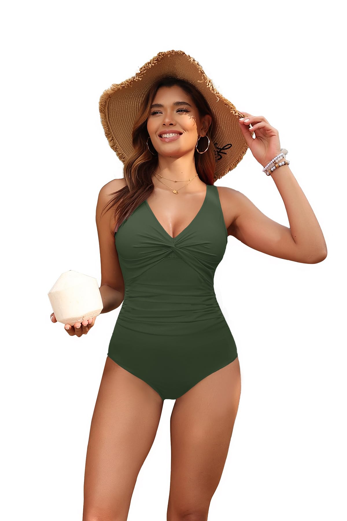 Holipick Solid Army Green Tummy Control One Piece Swimsuit Full Coverage Bathing Suit M