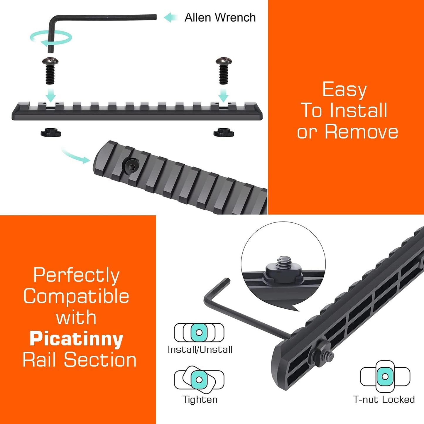 Picatinny Rail - 3, 5, 7, 9, 11, 13-Slot Polymer Rail Section with Offset Mount & T-Nuts