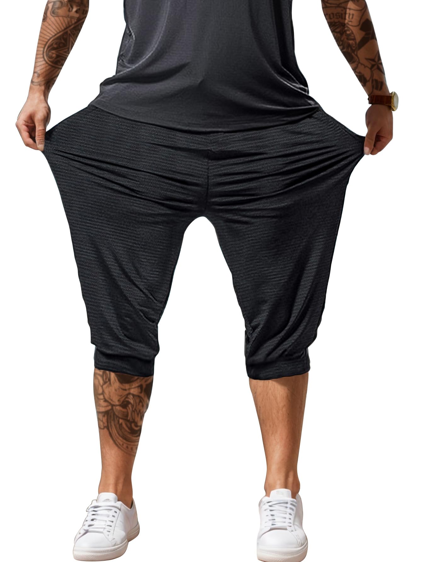 Hidkat Men's Capri Pants 3/4 Long Jogger Sport Shorts,Workout/Gym/Yoga/Beach Shorts Quick Dry with Zipper Pockets Black