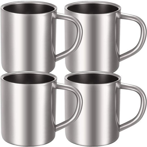 Cunhill 4 Set Small Stainless Steel Coffee Mug 10oz/300ml Metal Double Walled Cups Camping Mug with Handle Dishwasher Safe Tea Cups for Camping Travel Outdoors Rv Keep Drinks Hot