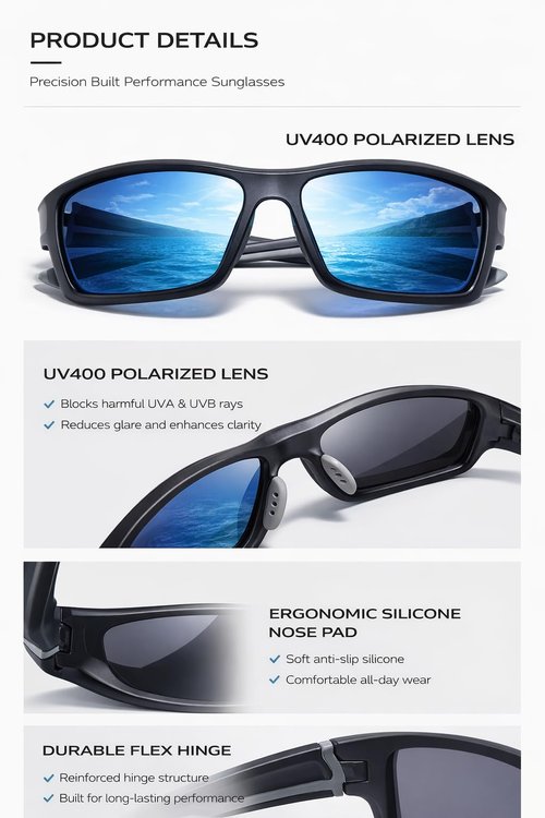 Mens Sunglasses Polarized UV Protection, Sports and Work Glasses for Driving, Running, Fishing, Cycling, Including: 1 Case Zipper, 1 Lens Pouch, 1 Cleaning Cloth, 1 Polarized Test Card.