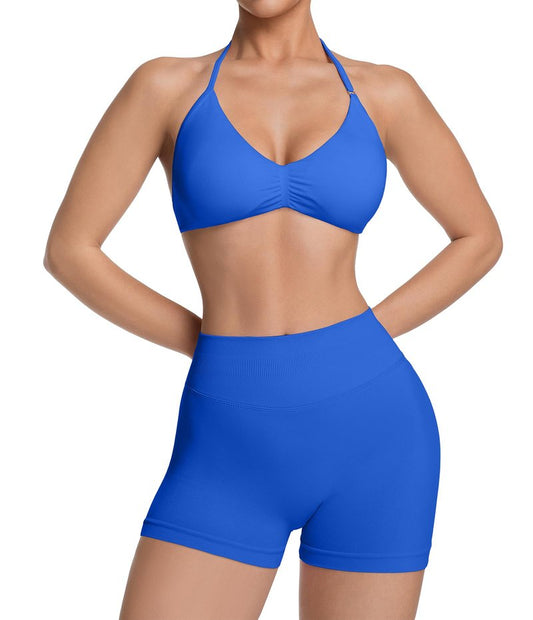 Comper 2 Piece Workout Sets for Women Halter Strappy Sports Bra with Seamless Ribbed Gym Yoga shorts Outfits