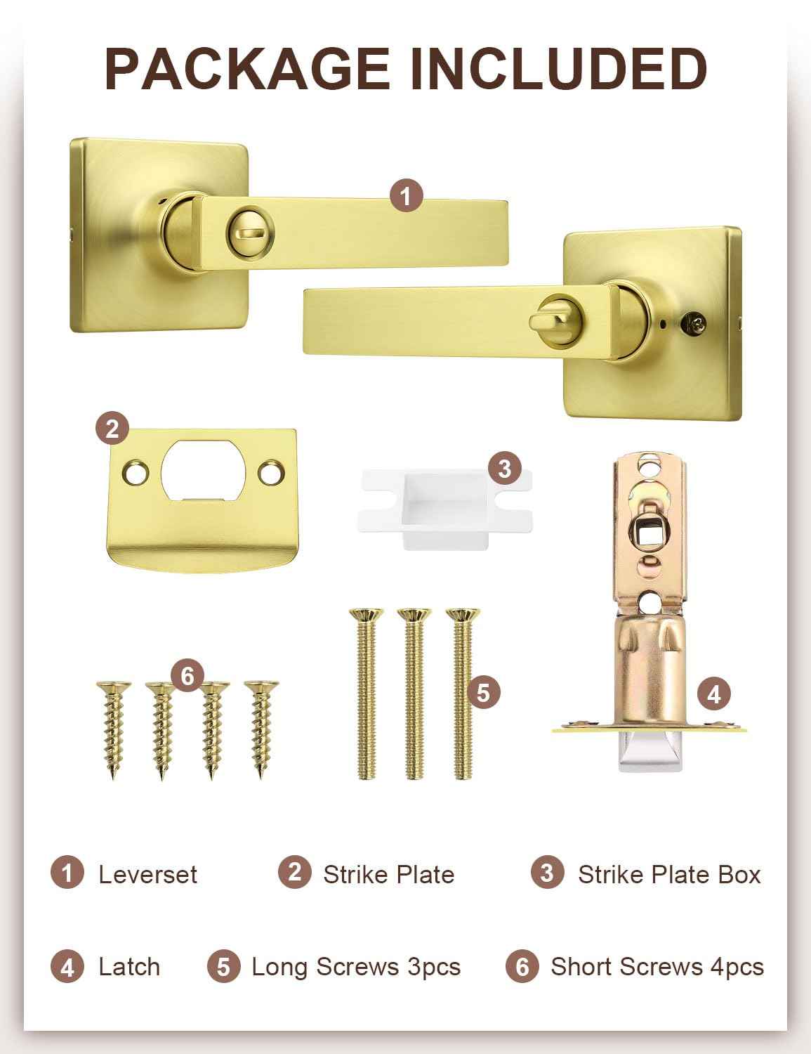 Mengico 6 Pack Gold Privacy Lever Door Handle Interior with Lock, Heavy Duty Square Door Lock for Bed/Bath, Keyless Door Locksets, Reversible for Left Right Handed Doors