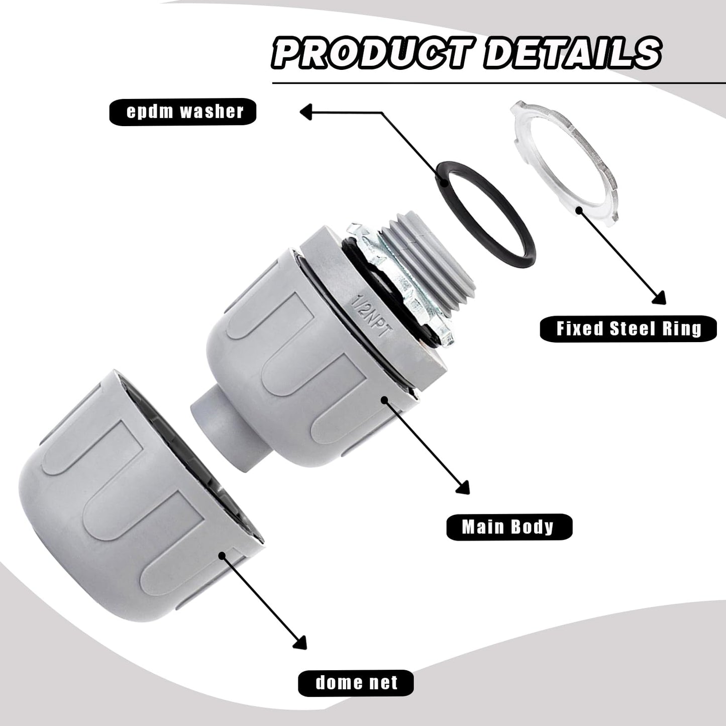 1/2 inch Liquid Tight Connector PVC Flexible Conduit Connector, UL Listed Conduit Fittings 100 Pack (50 pcs 180D/50pcs 90D)