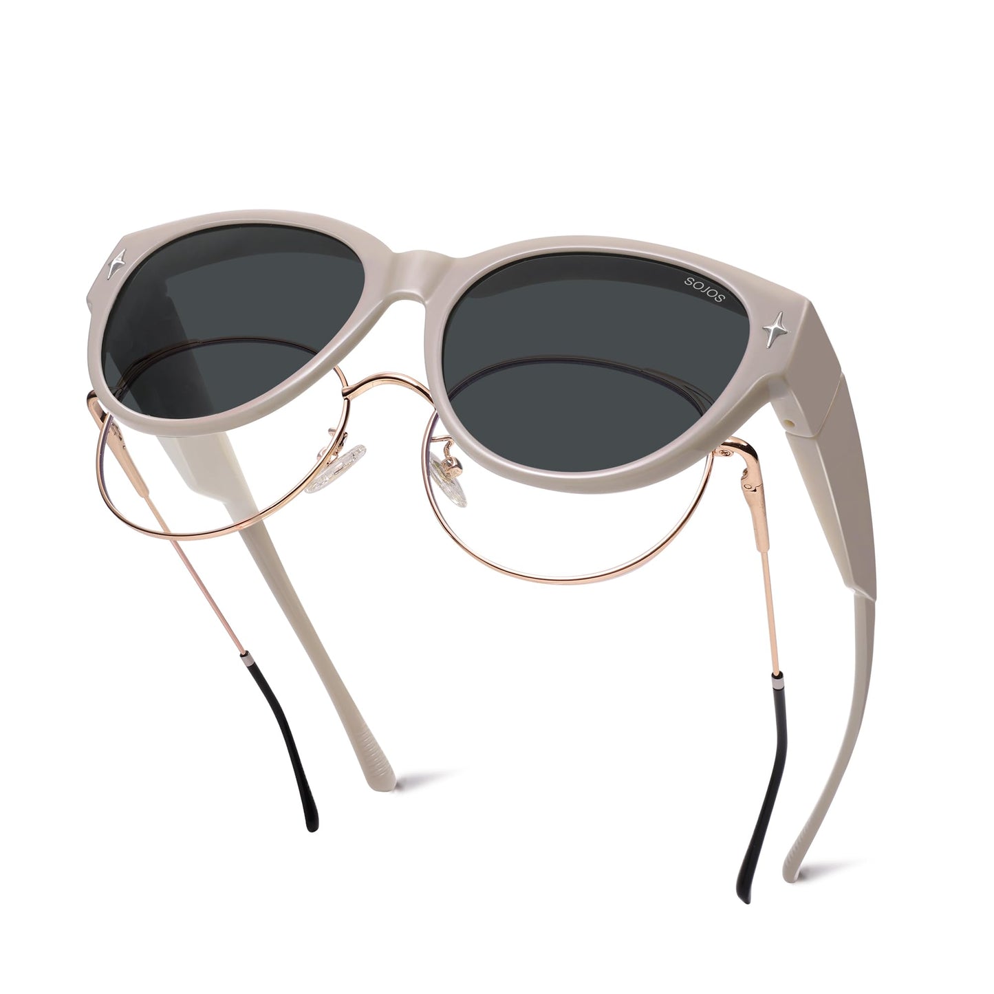 SOJOS Cat Eye Polarized Fit Over Glasses Sunglasses for Women, Trendy Cateye Wrap Around Shades for Women SJ2658, Dark Beige Frame/Grey Lens