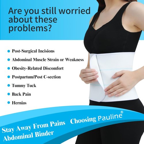 Pauline Abdominal Binder Post Surgery Compression Support | Stomach Wrap Belly Band for Hernia Tummy Tuck | Soft, Latex-free, Breathable - (45" - 60") 3 Panel - 9" High