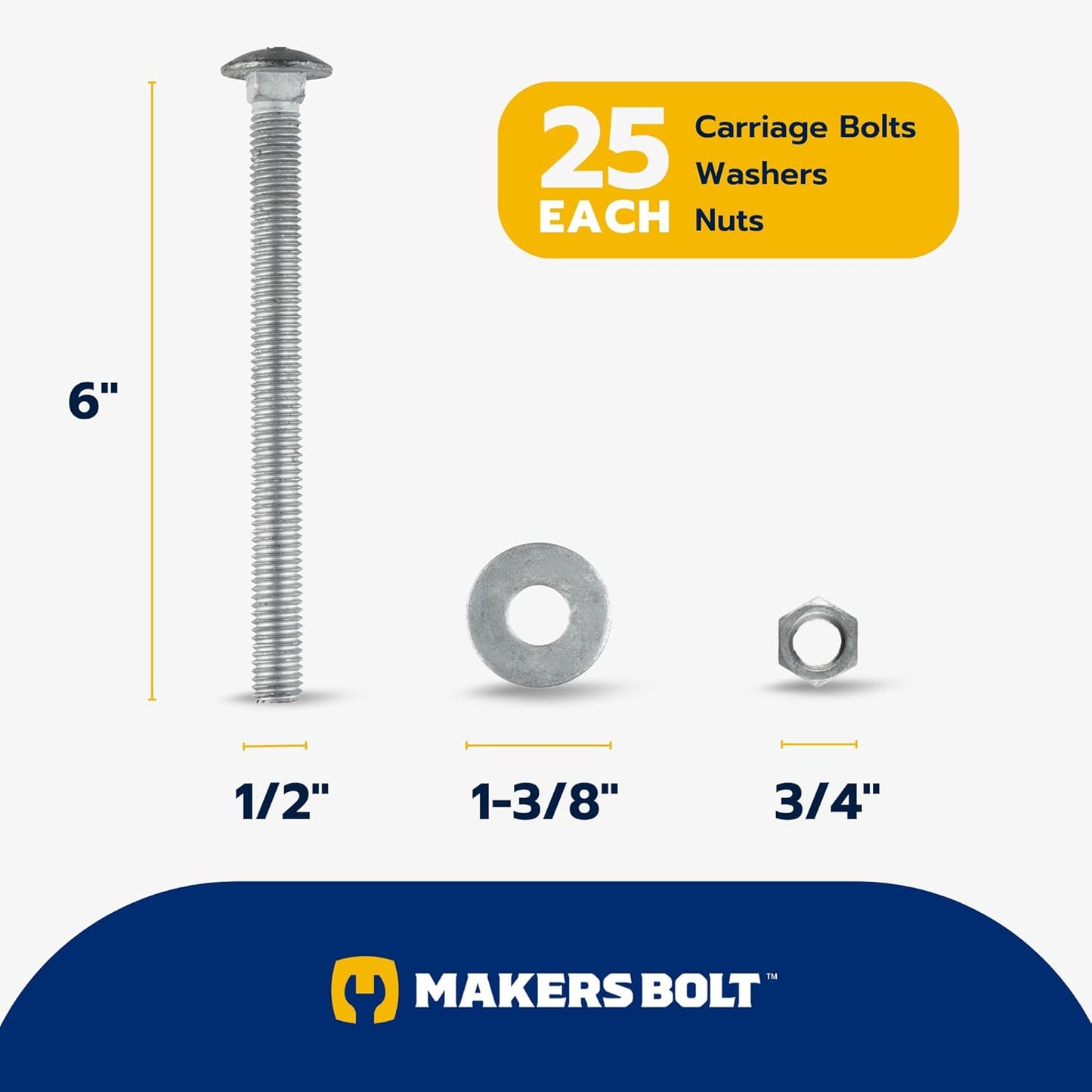 Galvanized Carriage Bolt Kit - 25 Pack 1/2" x 6" with Washers & Hex Nuts for Outdoor Use
